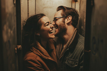 artistic photo featuring a couple sharing a moment of laughter in a vintage-style photo booth, creating a timeless and romantic composition. Minimalistic photo