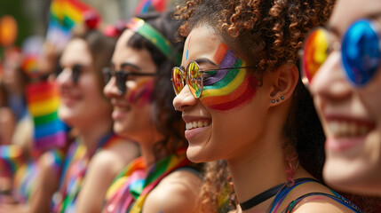 Young people at Pride Parade celebrate LGBTIQA+ social and self-acceptance, achievements, and legal rights - obrazy, fototapety, plakaty