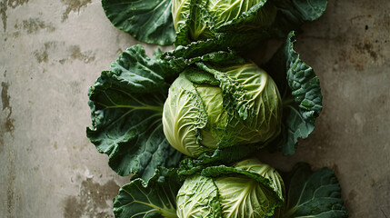 Fresh savoy cabbage on grey background, top view with copy space - obrazy, fototapety, plakaty