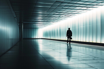 dynamic photo capturing a security guard in motion, patrolling a well-lit area with minimalist surroundings, symbolizing the active and responsive nature of security professionals.