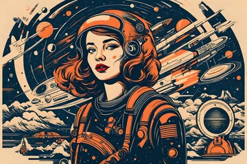 girl illusration adorned with a retro-inspired space exploration graphic, combining elements of vintage futurism and cosmic adventure in a unique design