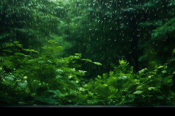 Green forest plants view from the glass window with rainwater droplets