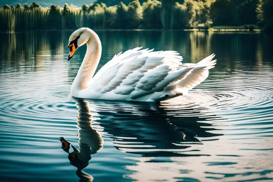 Frame an image showcasing the elegance of a white swan gliding across a tranquil lake.