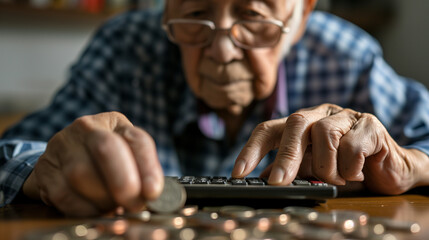 a Senior Man in Distress Counting Coins with a Calculator: A Portrait of Financial Hardship and Elderly Struggle with paying debts in retirement. Tax issues, mortgage, pension, and late fees concept