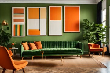 Orange chairs and a green sofa are positioned against a poster-frame wall. Modern living room interior design in a mid-century, vintage, or retro style.