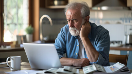 a Retired senior man Facing Financial Challenges: Serious Expression While Reviewing debt Bills and Laptop Indoors. Tax issues, mortgage, foreclosure, penalties and late fees concept - obrazy, fototapety, plakaty