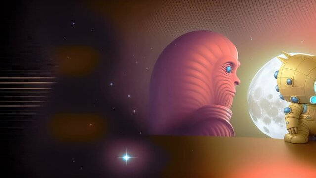 Generative Ai animation of retro futuristic vintage aliens and planets from a film of the 70s old movie look.