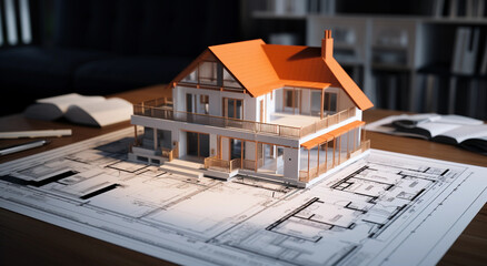 The model of a house on some architectural plans