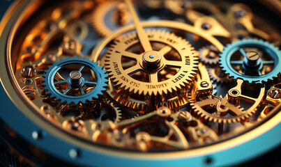 Fototapeta na wymiar Intricate clockwork mechanism showcasing precision engineering with golden gears and cogs in close-up