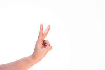 Woman showing index and middle fingers on isolated white background
