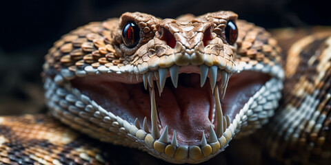 Close-up of a Menacing Rattlesnake Displaying Fangs with Venom Dripping, Symbolizing Danger and Wild Nature