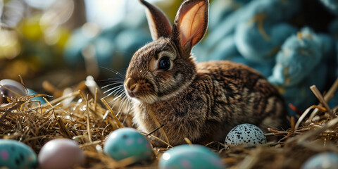 Fototapeta na wymiar Adorable Bunny with Speckled Easter Eggs Nestled in Straw on a Pastel Blue Background, Symbolizing Springtime Celebration