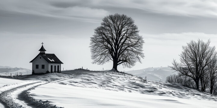 Monochrome Landscape with a Lone Tree and a Small Chapel on a Snowy Hill, Depicting Solitude and Tranquility