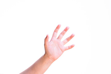 Woman showing five fingers in different pose on isolated white background