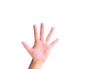 Woman showing five fingers in different pose on isolated white background
