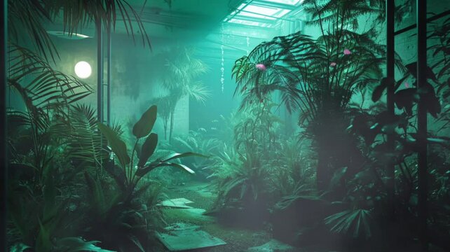garden filled with plants that glow with an eerie green light in the darkness, seamless looping video background animation