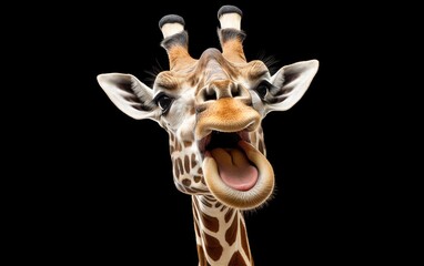 Obraz premium Giraffe head face look funny and happy on isolated black background