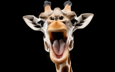 Giraffe head face look funny and happy on isolated black background