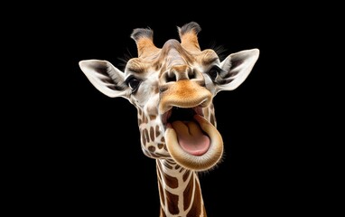 Giraffe head face look funny and happy on isolated black background