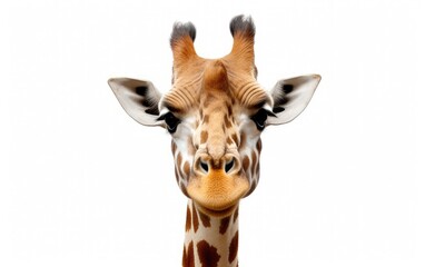 Giraffe head face look funny on isolated a white background, Close-up of a giraffe,