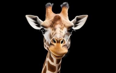 Naklejka premium Giraffe head face look funny and happy on isolated black background