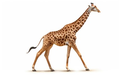 Side view of adult Giraffe Walking on isolated white background