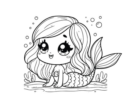 Cute Cartoon Character of mermaid for coloring book. outline line art. Printable Design. isolated white background