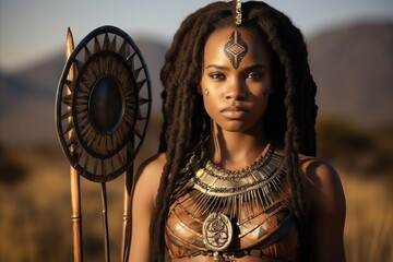 Beautiful african american woman in the desert with spear and shield - obrazy, fototapety, plakaty