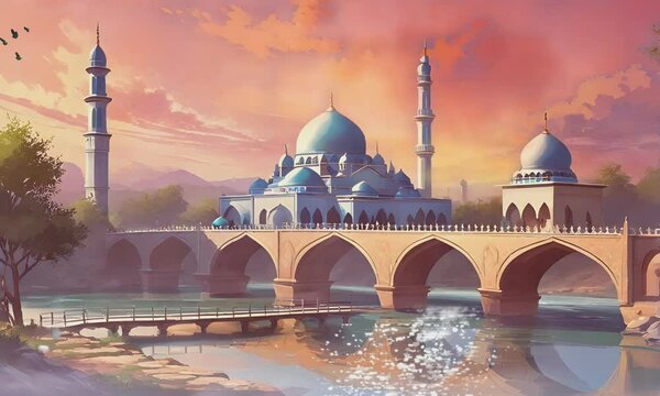 animated digital painting of a mosque, for a Ramadan theme