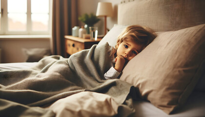 A sad boy is lying on the bed with a fever and a headache in the blanket - obrazy, fototapety, plakaty