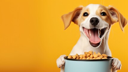 Dog food studio shot. dog food and Dog near its bowl full of food - obrazy, fototapety, plakaty