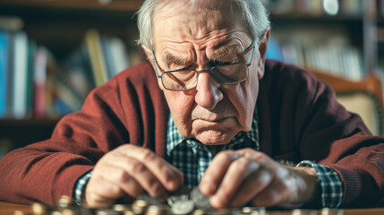 a Senior Man in Distress Counting Coins with a Calculator: A Portrait of Financial Hardship and Elderly Struggle with paying debts in retirement. Tax issues, mortgage, pension, and late fees concept - obrazy, fototapety, plakaty