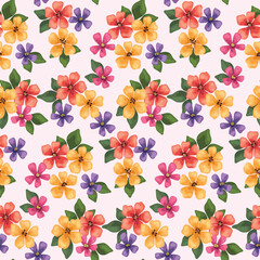 Seamless floral pattern, liberty ditsy print of simple small watercolor bouquets. Colorful botanical design: tiny hand drawn flowers, leaves, summer botany in abstract composition. Vector illustration