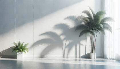 Shadows of palm leaves cast on a glossy floor, minimalist aesthetic. Generative AI
