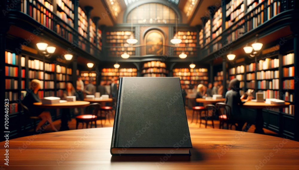 Aufkleber black book upright in library with blurred background, focus on reading and learning. generative ai