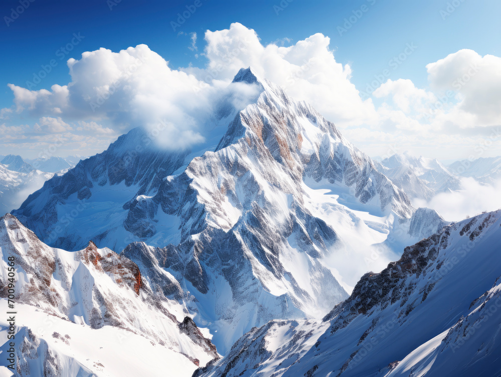 Poster majestic snow capped mountain peak surrounded by clouds. generative ai