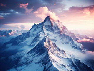 Illuminating mountain peaks at sunset with dramatic cloud cover. Generative AI
