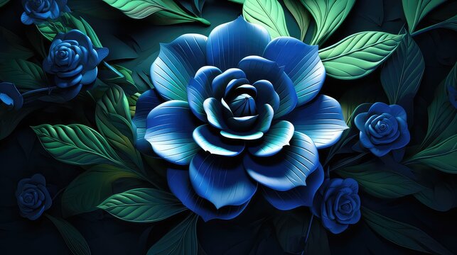 blue rose flower with leaves on black background