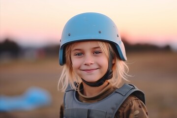 Portrait of a cute little girl wearing a helmet outdoor at sunset