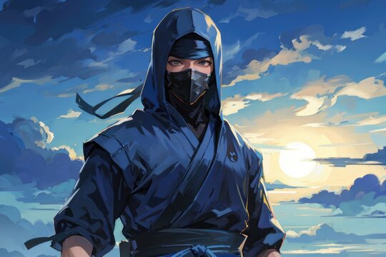 Daring and Brave Anime Ninja Boy in Scary Art, A Fearsome Illustration Depicting a Courageous Warrior with Menacing Presence.