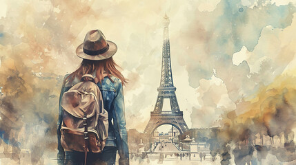 Watercolor painting Back view of Female tourist with hat and backpack looking at eiffel tower in Paris. Wanderlust concept.
