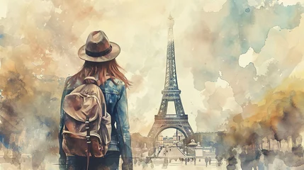 Foto op Canvas Watercolor painting Back view of Female tourist with hat and backpack looking at eiffel tower in Paris. Wanderlust concept. © Tepsarit