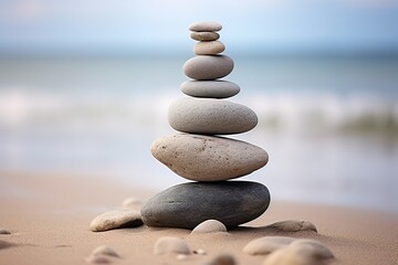 Fototapeta na wymiar Zen stone stack in balance on a tranquil beach
