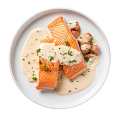 Plate of Salmon with Cream Sauce isolated on transparent background Remove png, Clipping Path, pen tool