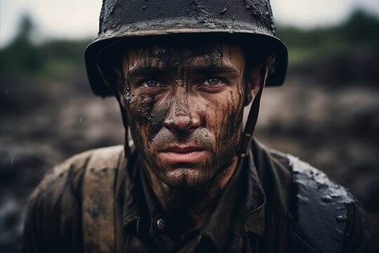 Portrait of a man with paint on his face. War concept.