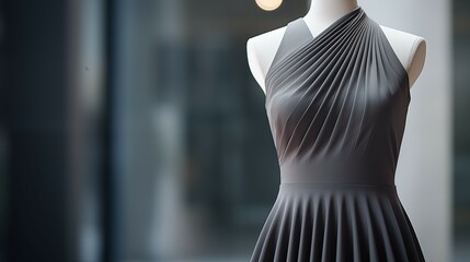 A mannequin wearing a gray pleated sleeveless dress with a scoop-neck that falls to the collarbone neckline.