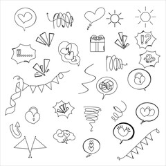 Collection of illustrations of black and white ornaments, symbols of love, question marks, exclamation marks, flags, sun