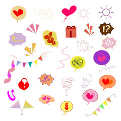 Collection of illustrations of colorful ornaments, symbols of love, question marks, exclamation marks, flags, sun