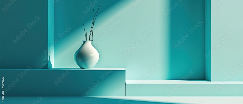 Poster  a white vase sitting on top of a table next to a blue wall with a shadow of a plant in it.