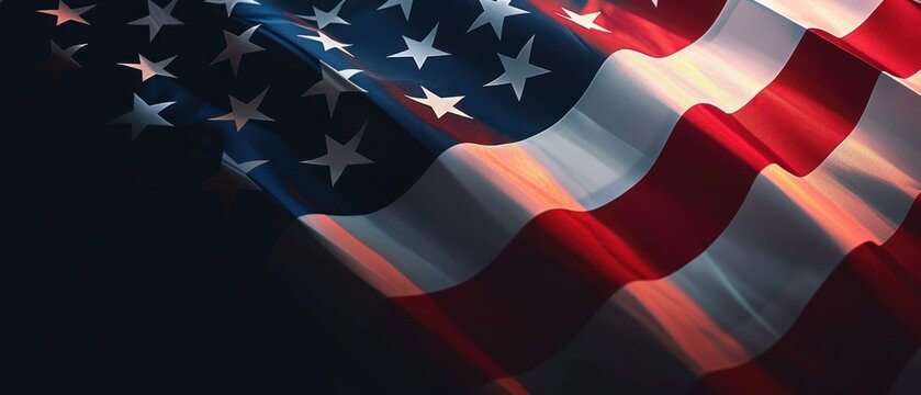  a close up of an american flag on a black background with red, white, and blue stars on it.